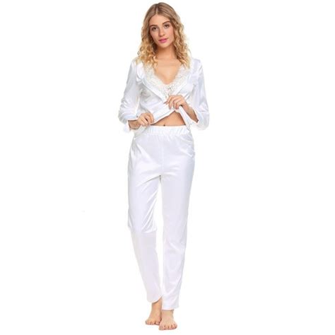 Woman Satin Pajama Set Long Sleeve V Neck Sexy Lace Pjs S Xl White