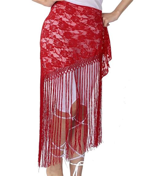 Women S Belly Dance Long Tassels Lace Triangle Hip Scarf Red