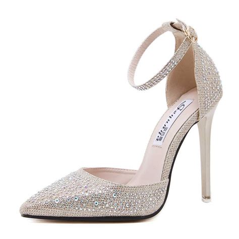 Sexy Silver Drilled Pointed Toe Stiletto Heels Prom Shoes With Ankle ...