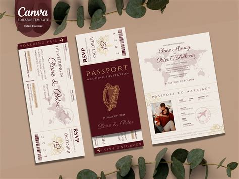 Passport Wedding Invitation Boarding Pass Editable Template Destination Wedding Invitation