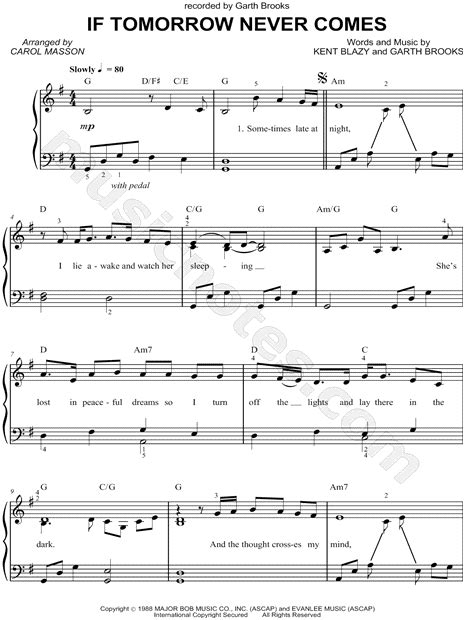 Garth Brooks If Tomorrow Never Comes Sheet Music Easy Piano In G