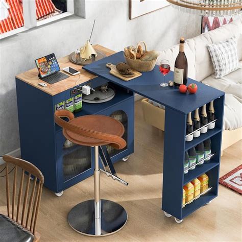 Navy Blue Rubberwood In W Led Kitchen Island On Wheels With