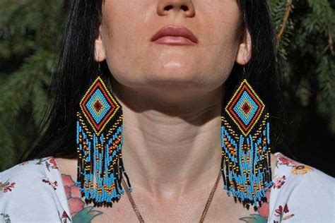 Blue Native America Inspired Beaded Earrings Native American Etsy Beaded Earrings Seed Bead