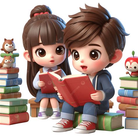 3d Cartoon A Cute Girl And Boy Reading Book, 3d Cartoon A Cute Girl And