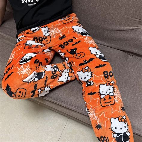 Kawaii Hello Kitty Sanrio Anime Cartoon Coral Fleece Pajama Pants Soft Trousers Women Home