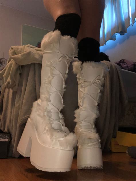 Demonia Camel Knee High Boots White Vegan Leather Demonia Cult