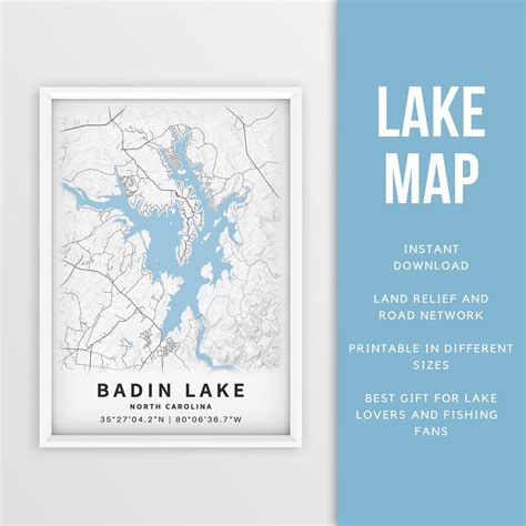 Printable Map of Badin Lake, North Carolina, US Instant Download Lake ...