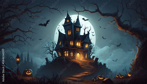 Halloween Night With A Spooky House And Bats Halloween Background