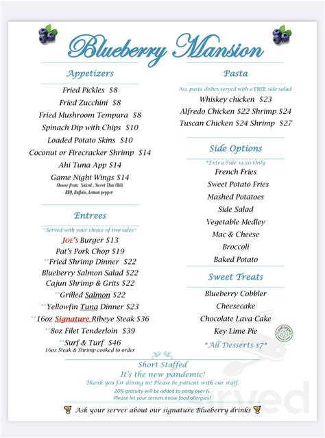 Blueberry Plantation Mansion Restaurant And Golf Resort And Wedd Menu In