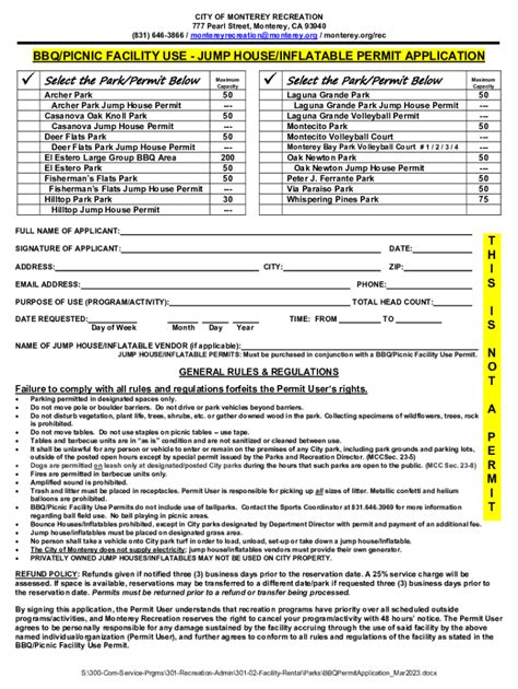 Fillable Online BBQ Picnic Facility Use Jump House Inflatable Permit