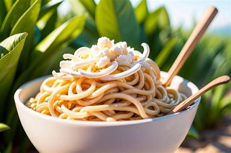 Premium Photo A Bowl Of Noodles With A White Sauce And A Wooden Spoon