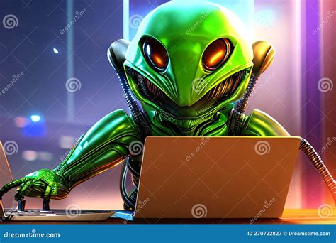 Alien Hacker In A Dream Like Setting Typing On Laptop Stock