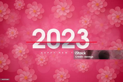 Happy New Year 2023 Background With White Numbers On Pink Flowers Background Stock Illustration