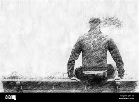 Backside Of Man Sitting On Bench In Pencil Drawing Style Stock Photo