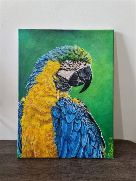 Feathered Beauty Original Realistic Blue Macaw Parrot Painting Acrylic