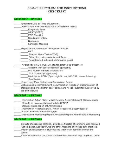 Sbm Curriculum And Instructions Checklist Pdf Educational Assessment Libraries