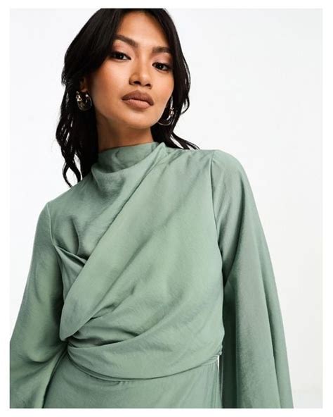 Asos High Neck Maxi Dress With Wrap Waist And Fluted Sleeve In Green Lyst