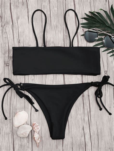 Off Bandeau Bikini Top And Tieside String Bottoms In Black