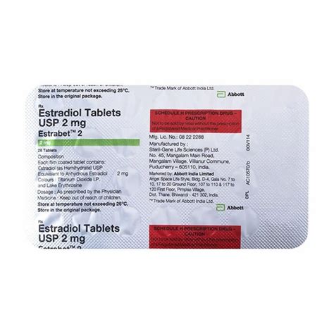 Estradiol 2mg Estrabet 2 Tablet 28 Tablets In 1 Strip Dose As