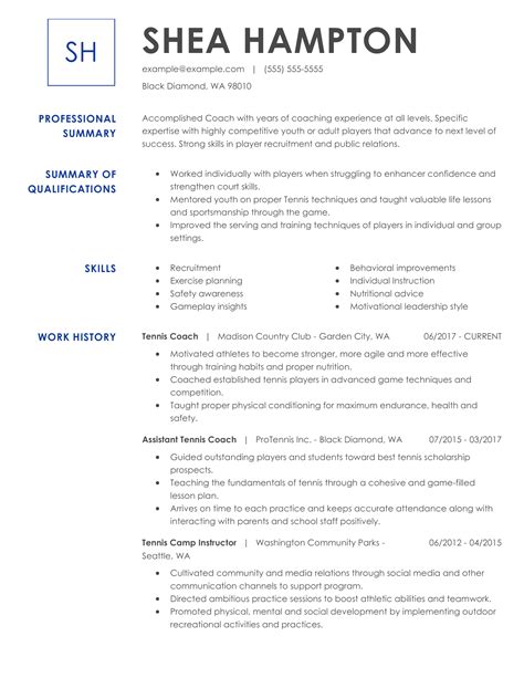 Winning Tennis Coach Resume Example Myperfectresume