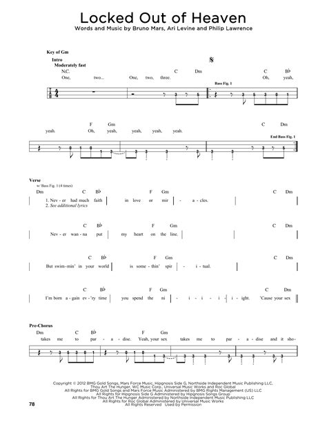 Locked Out Of Heaven By Bruno Mars Sheet Music For Easy Bass Tab At