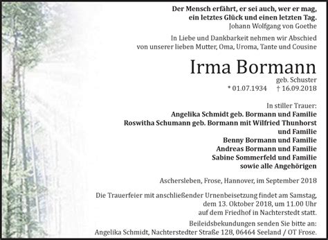 Traueranzeigen Von Irma Bormann Abschied Nehmen De