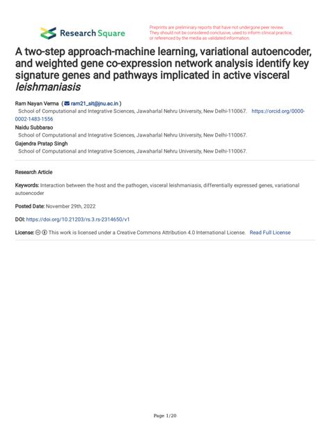 Pdf A Two Step Approach Machine Learning Variational Autoencoder And Weighted Gene Co