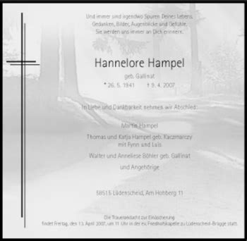 Traueranzeigen Von Hannelore Hampel Trauer In Nrw De