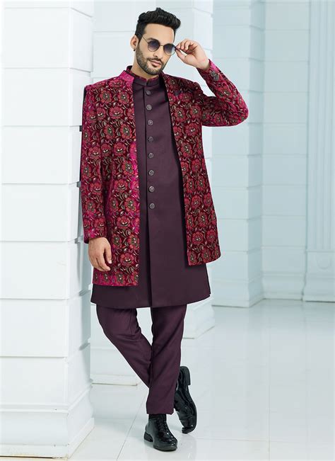 Buy Rani And Wine Velvet Fancy And Print Work Indo Western Sherwani For