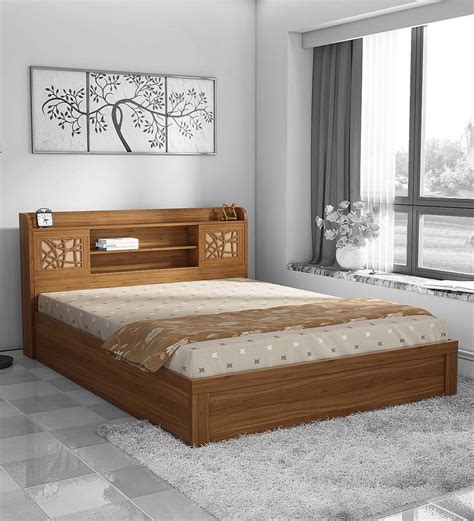 Buy Kosmo Rayan Queen Size Bed In Natural Teak Finish With Box Storage