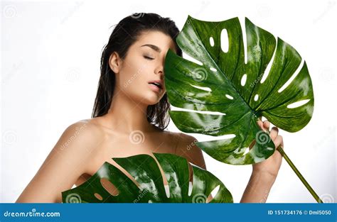 Beautiful Brunette Woman With Palm Tree Tropical Leaves On A White Background Beauty Skin Care