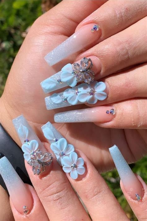 Beautiful Coffin Acrylic Nails With Flower For May Nails