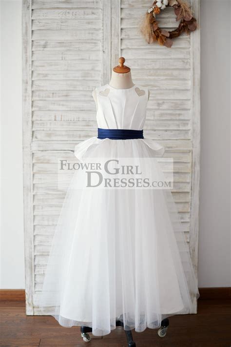 Ivory Satin Tulle Wedding Flower Girl Dress With Navy Blue Belt