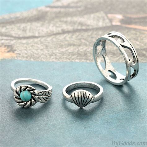 Retro Alloy Blue Pine Shell 5 Sets Leaves Bohemia Accessories Ring