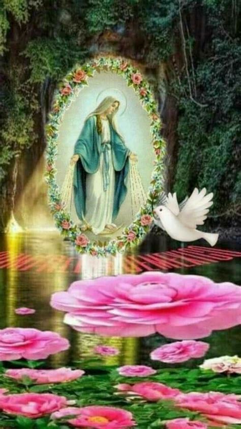 An Image Of The Virgin Mary Surrounded By Pink Flowers And Water Lilies