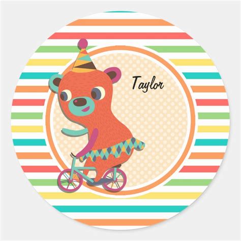 Circus Bear Bright Rainbow Stripes Classic Round Sticker Zazzle