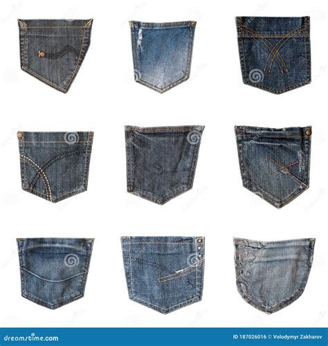 Collection Of Different Jeans Back Pockets Isolated On White Background