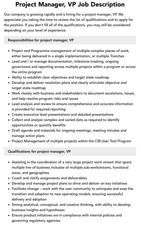 Project Manager Vp Job Description Velvet Jobs