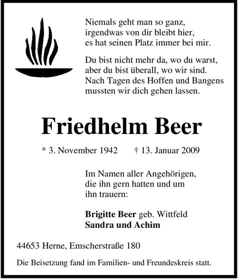 Trauer Und Todesanzeigen Von Friedhelm Beer Trauer De