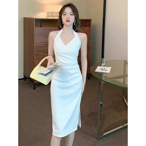 Korean White Dress For Woman Casual Sexy Backless Dress Plus Size Slit