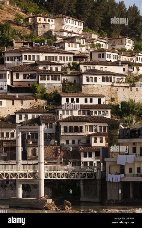 Albania Berat Osumi River Pedestrian Bridge And Ottoman Era Buildings