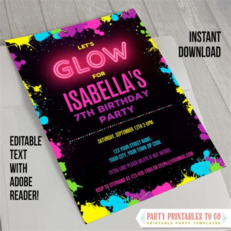 Neon Glow Party Invitation Instant Dowload Glow In The Dark Party Edit And Print At Home