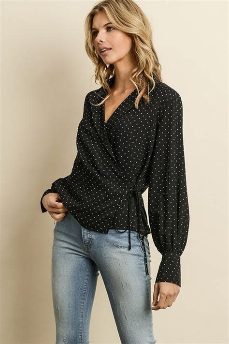 Fashion Black Polka Dot Wrap Tie Up Blouse Edite Mode