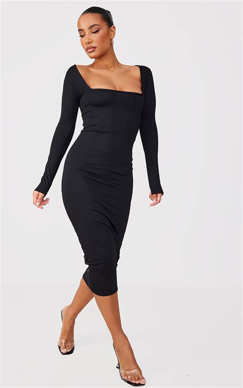 Black Square Neck Long Sleeve Midaxi Dress Prettylittlething Ca