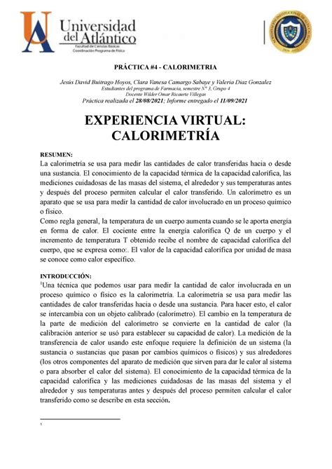 Informe DE Calorimetria PRÁCTICA 4 CALORIMETRIA Jesús David