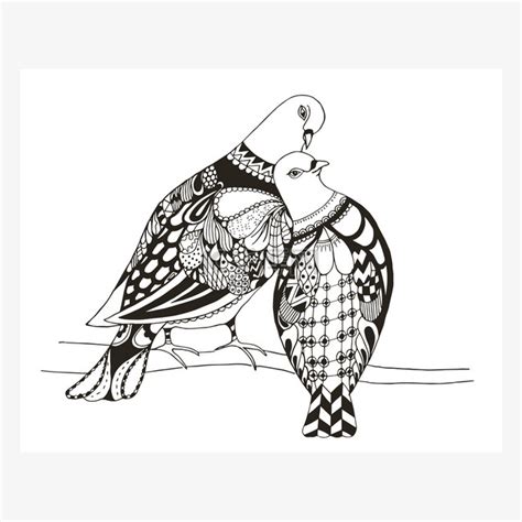 Two Birds Are Sitting On A Tree Branch Zentangle Stylized Pigeons