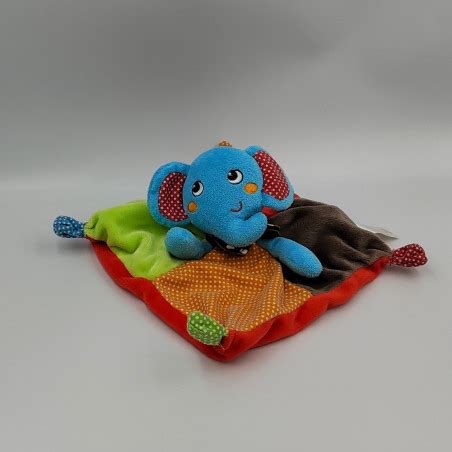 Doudou plat éléphant bleu orange rouge vert marron pois NICOTOY