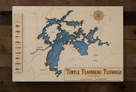 Turtle Flambeau Flowage Iron Co Wi Wooden Engraved Map Wall Art Home Décor Lake Home