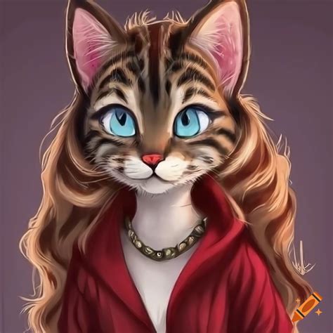 Half Body Portrait Of A Tabby Cat With Long Wavy Hair And Blue Eyes