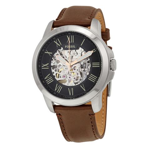 Fossil Grant Automatic Skeleton Black Dial Brown Leather Strap Watch สำหรับผู้ชาย